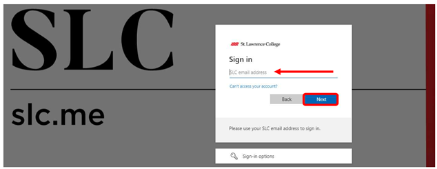 An arrow points to the email address field on the slc.me landing page, and a box highlights where to click next